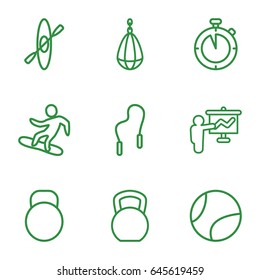 Training icons set. set of 9 training outline icons such as stopwatch, snowboard, kettle, skipping rope, rowing, tennis ball, teacher, kettle bell