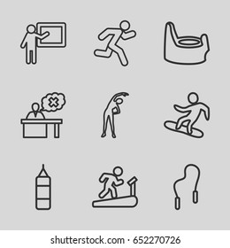 Training icons set. set of 9 training outline icons such as baby potty, exercising, teacher, running, snowboard, skipping rope, boxing bag