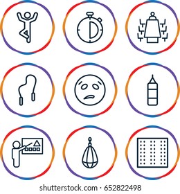 Training icons set. set of 9 training outline icons such as field, meeting, stopwatch, skipping rope, sweating emot, boxing bag, man doing exercises