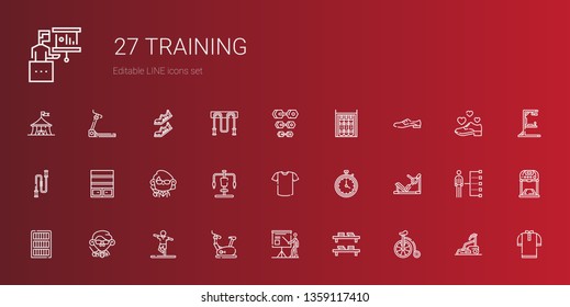 training icons set. Collection of training with bicycle, bookshelf, presentation, stationary bike, stretching, teacher, bookcase, gym station. Editable and scalable training icons.