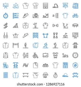 training icons set. Collection of training with bookshelf, gym, stopclock, teacher, shirt, bookcase, stopwatch, kettlebell, exercise, gym station. Editable and scalable training icons.