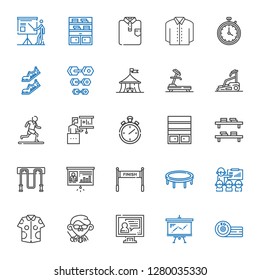 training icons set. Collection of training with boxing, presentation, video call, teacher, shirt, trampoline, finish, jumping rope, bookshelf. Editable and scalable training icons.