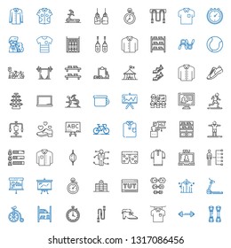 training icons set. Collection of training with chest expander, barbell, shirt, shoes, jumping rope, stopwatch, bookshelf, bicycle, treadmill. Editable and scalable training icons.