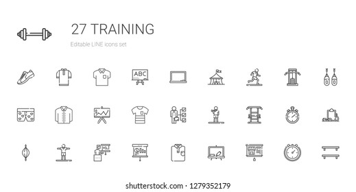 training icons set. Collection of training with presentation, blackboard, shirt, stretching, punching ball, gym station, exercise, skills. Editable and scalable training icons.