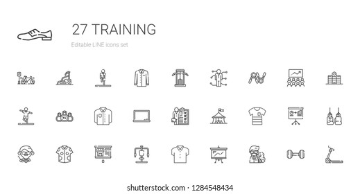 training icons set. Collection of training with professor, presentation, shirt, gym station, teacher, circus, skills, blackboard, kettlebell. Editable and scalable training icons.