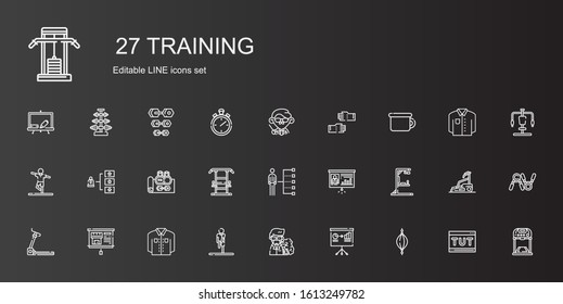 training icons set. Collection of training with punching ball, presentation, professor, stretching, shirt, treadmill, gym station, skills. Editable and scalable training icons.