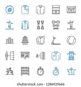 training icons set. Collection of training with shirt, stopclock, stopwatch, bookshelf, stationary bike, gym, skills, presentation, tennis. Editable and scalable training icons.