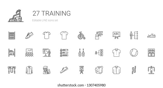 training icons set. Collection of training with shirt, presentation, shoe, professor, jumping rope, skills, boxing, class, bookshelf, blackboard. Editable and scalable training icons.