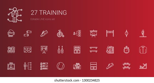 training icons set. Collection of training with shoe, bookshelf, gym, tennis, skills, video call, boxing, presentation, boxers, finish, gym station. Editable and scalable training icons.