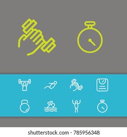 Training icons set with dumbbell, swimming and happy man elements. Set of training icons and weight concept. Editable vector elements for logo app UI design.