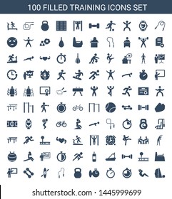 training icons. Trendy 100 training icons. Contain icons such as treadmill, abdoninal workout, stopwatch, kettle bell, skipping rope, rowing. training icon for web and mobile.