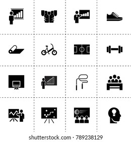 Training icons. vector collection filled training icons. includes symbols such as lecturer, classroom, key hole in head, barbell. use for web, mobile and ui design.