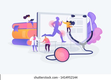 Training injuries treatment, physiotherapists helping patients. Sports medicine, sports medical services, sports physician specialist concept. Vector isolated concept creative illustration