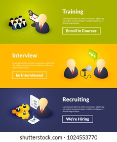 Training interview and recruiting banners of isometric color design, concepts vector illustration for web poster template and printed materials, horizontal landscape orientation