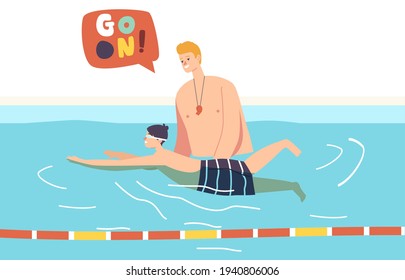 Training, Learning to Swim, Sport Lesson Concept. Swimming Class with Swimmer Child and Couch in Pool. Kid Character Swimming with Trainer Support and Assistance. Cartoon People Vector Illustration