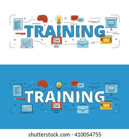 Training lettering flat line design with icons and elements for book cover, report header, presentation,illustration, infographics, printing, website banner and landing page.