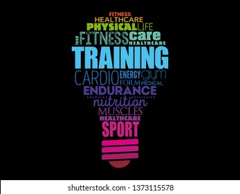 TRAINING light bulb word cloud, fitness, sport, health concept