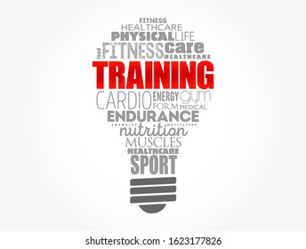 TRAINING light bulb word cloud, fitness, sport, health concept background