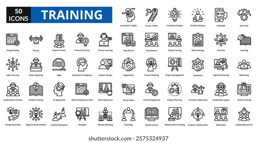 Training line icon collection set. Includes teaching, practice, planning, improvement, preparation, treatment, instruction, development, exercise, briefing, education