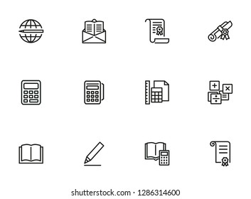 Training line icon set. Calculator, tutorial, diploma, certificate. Education concept. Can be used for topics like studying, college, university