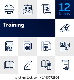 Training line icon set. Calculator, tutorial, diploma, certificate. Education concept. Can be used for topics like studying, college, university