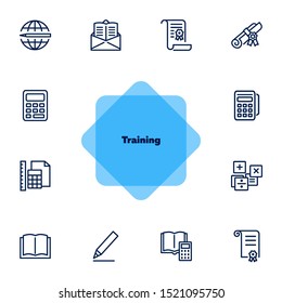 Training line icon set. Calculator, tutorial, diploma, certificate. Education concept. Can be used for topics like studying, college, university