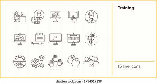 Training line icon set. Instruction, course, education. Webinar concept. Can be used for topics like knowledge, info business