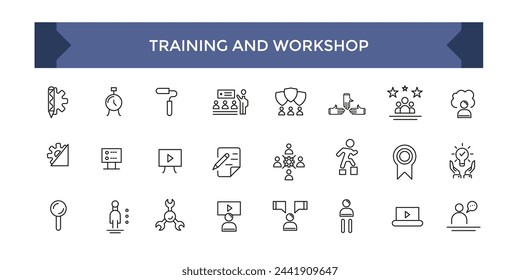 Training line icons collection. Set of vector line icons of business training for modern concepts.