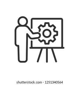 training. man at the blackboard with gear. linear icon. explains the mechanism. Line with editable stroke