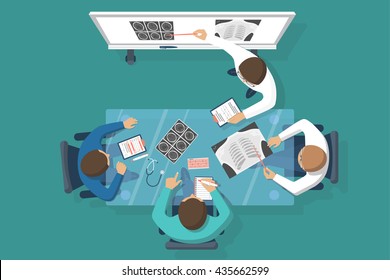 Training Medical, Education. Lecture To Trainees Doctors, Conference. Discussions Team Of Medical Investigations. Training Doctors. Mentor At Blackboard. Vector Illustration Flat Design.
