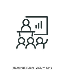 Reunião de treinamento, lição de aprendizado, apresentação de negócios, ícone de estrutura de tópicos. Professora de sinais de linha na frente de estudantes do grupo. Pictograma isolado de vetor para Web e aplicativo em traçado editável de fundo branco.
