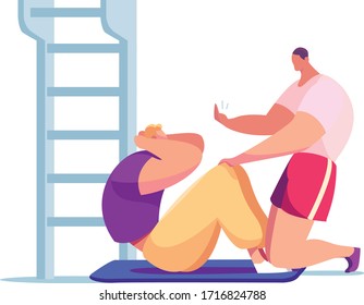 Training for men, athlete perform press exercises concept and vector illustration on white background. Health in gym under guidance of coach. Personal fitness trainer for sporty body. Cartoon style.