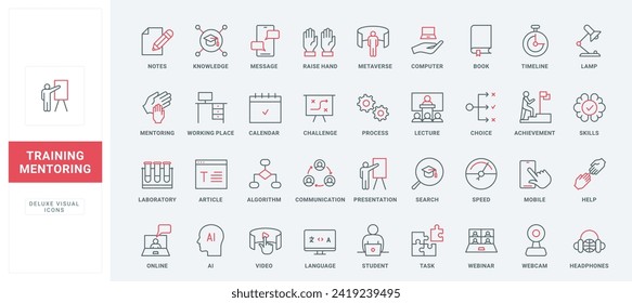 Training, mentor and business expert advices line icons set. Guidance, coach workshop to help and teach students improve potential skills thin black and red outline symbols, vector illustration