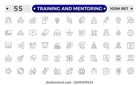 Training and Mentoring Outline icon collection set. Containing development, learning, workshop, coach, mentor, curriculum, seminar icon.
