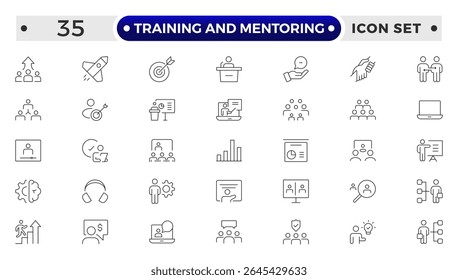 Training and Mentoring Outline icon collection set. Containing development, learning, workshop, coach, mentor, curriculum, seminar icon.
