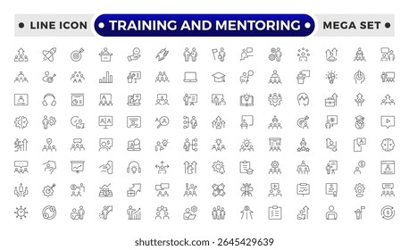 Training and Mentoring Outline icon collection set. Containing development, learning, workshop, coach, mentor, curriculum, seminar icon.
