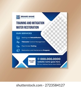 training and mitigation water restoration services banner template design on square layout. square layout background with combination blue element and photo space. infographic icon and text element. 