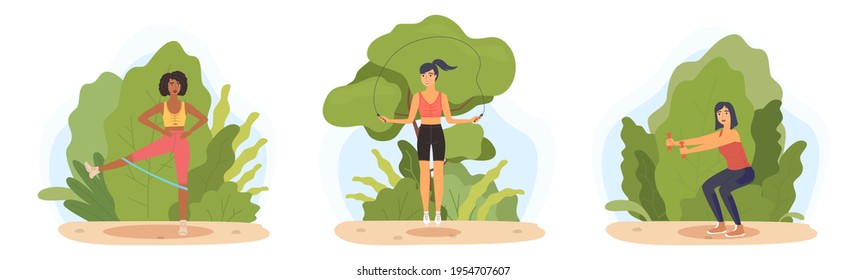 Training in nature. Athletic slim female characters in sport uniform doing exercises, yoga and pilates outdoors, young woman fitness and gymnastics in summer park landscape vector set