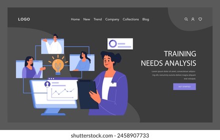 Training Needs Analysis process where a professional woman with a clipboard collaborates with team members via digital interfaces. A lightbulb indicates idea. Team-driven skill assessment. Flat vector