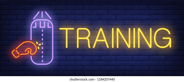 Training neon text with boxing glove and punching bag. Boxing club and advertisement design. Night bright neon sign, colorful billboard, light banner. Vector illustration in neon style.