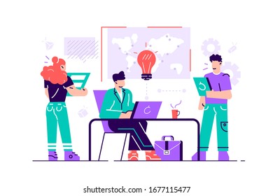 Training of office staff. Increase sales and skills. Team thinking and brainstorming. Analytics of company information. Flat style modern design vector illustration for web page, cards, poster.