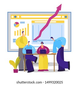 Training of office staff.  Team thinking and brainstorming. Analytics of company information.Vector illustration.