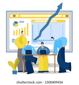 Training of office staff.  Team thinking and brainstorming. Analytics of company information.Vector illustration.