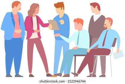 Training of office staff, teamwork, business meeting concept. Team thinking and brainstorming. Analytics of company information. People working, discussing business. Colleagues during office work