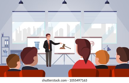 Training on auctions. Training in the office. Vector illustration.