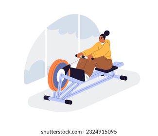 Training on rowing machine. Woman doing rower exercise for back, core muscles strength. Girl working out in gym. Muscular and cardio workout. Flat vector illustration isolated on white background