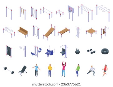 Training auf der Straße Symbole setzen isometrische Vektorgrafik. Parken Sie Cardio Fitness. Sportgesundheit