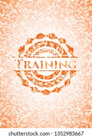 Training orange tile background illustration. Square geometric mosaic seamless pattern with emblem inside.