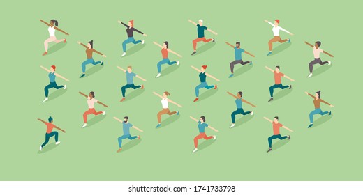 Training outdoors. Open air. People doing group exercise in the park keeping distance from each other. Social distancing after covid-19 coronavirus quarantine. Flat vector illustration  