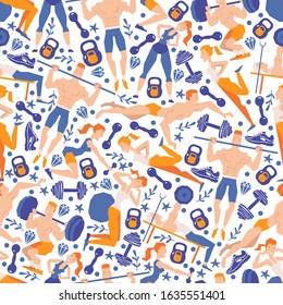Training people cartoon characters in seamless pattern, vector illustration. Men and women exercising, collection of isolated icons. People working out in gym, fitness studio, sport center, training